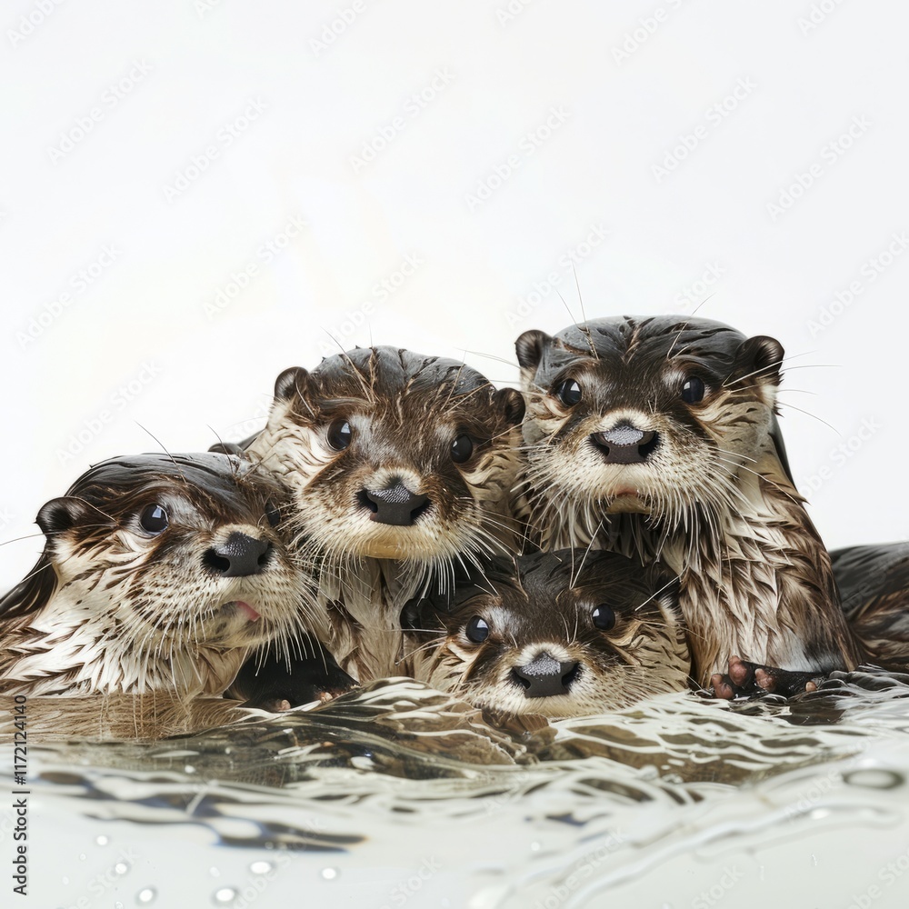 A group of otters swimming together, isolated in white, white background A group of otters swimming together, isolated in white, white background