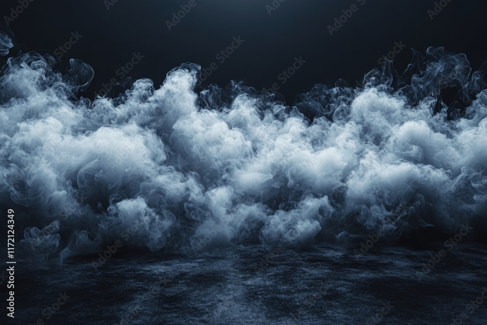 Fototapeta premium White smoke cloud covering dark studio floor with hazy background