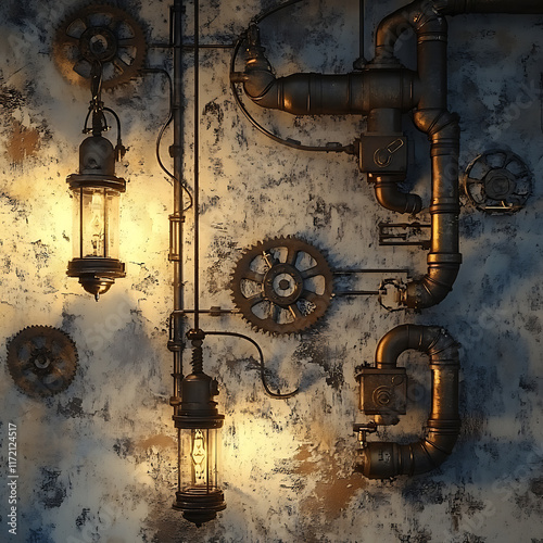 A steampunk-inspired wall with gears brass pipes and hanging lanterns casting soft shadows 16:9  photo