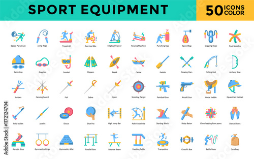 Sport equipment icon set with swim cap, goggles, snorkel, flippers, kayak, canoe, paddle, rowing oars, fishing rod, archery bow icon. Simple flat color vector 

