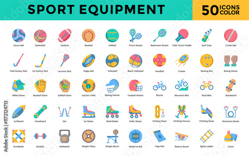 Sport equipment icon set with soccer ball, basketball, football, baseball, softball, tennis racket, badminton racket, table tennis paddle, golf clubs, cricket ball icon. Simple flat color vector 
