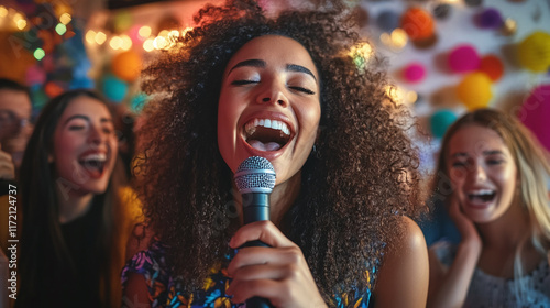 Wallpaper Mural An engaging image of a group of friends using a microphone for karaoke night at home, with joyful expressions and colorful decorations in the background, capturing fun and togetherness. Torontodigital.ca