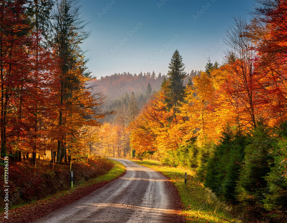 A winding dirt road curves through a vibrant autumn forest, bathed in the golden light of day.
A winding dirt road curves through a vibrant autumn forest, bathed in the golden light of day.