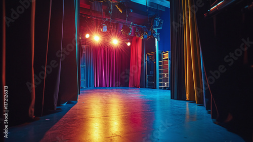 An intimate backstage shot of a stage with curtains pulled aside, revealing the glow of spotlights and equipment, capturing the behind-the-scenes magic of theater production.