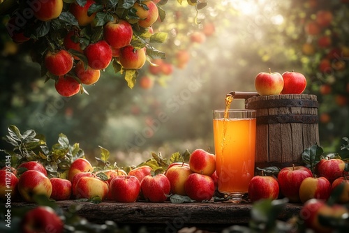 Freshly squeezed apple juice poured from a wooden barrel into a glass, surrounded by apples in an orchard.