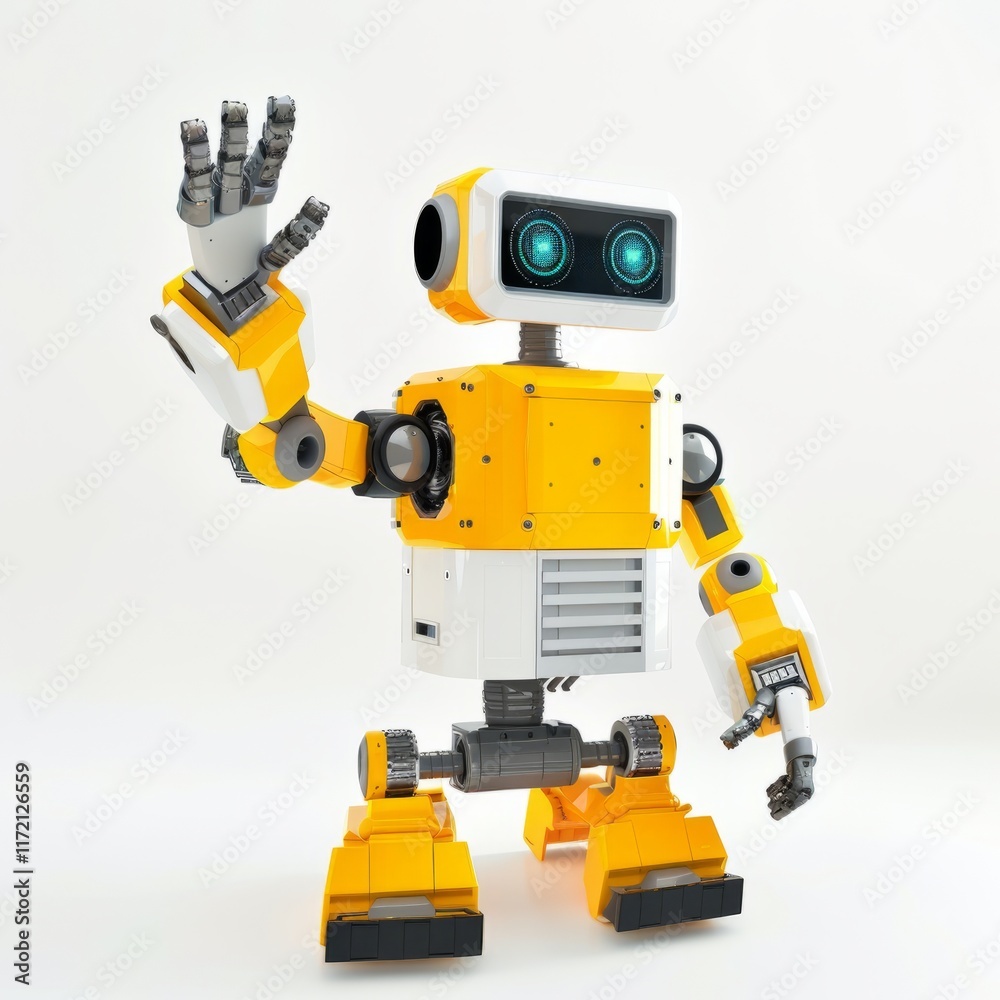 A friendly robot waving hello, isolated in white, white background A friendly robot waving hello, isolated in white, white background