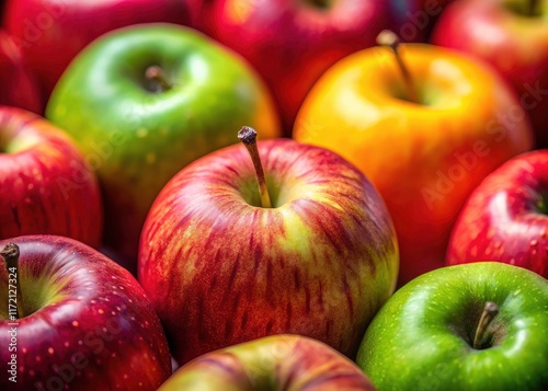 Close-up tilt-shift photography reveals vibrant details in red, green, and yellow apples. photo