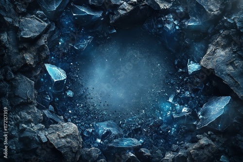Circular Blue Vein Rocks and Crystal Mines Scattered on Floor with Copy Space. Stunning Graphic Background