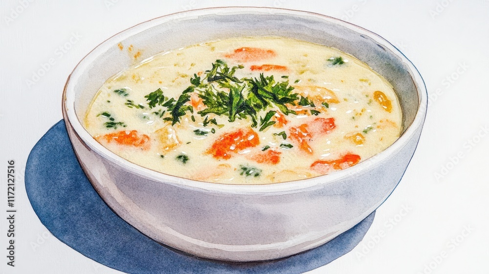 A bowl of soup with carrots and parsley A bowl of soup with carrots and parsley