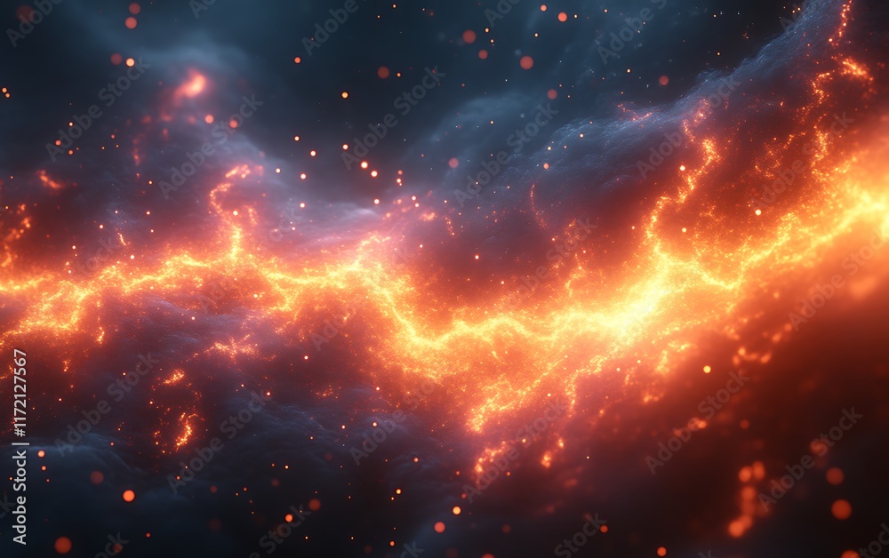 Fototapeta premium Fiery energy stream in dark clouds.