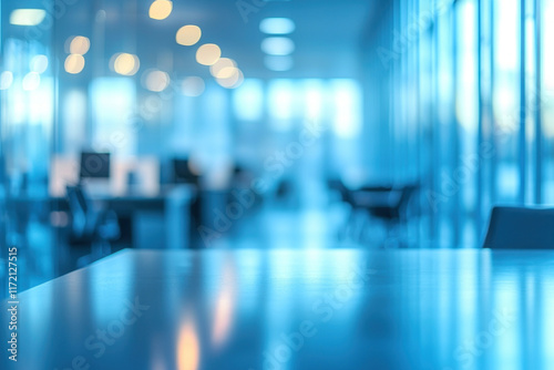 Wallpaper Mural Blurred office interior with empty desk, computers, and windows in background Torontodigital.ca