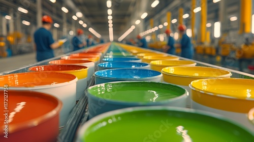 Colorful Paint Cans in a Modern Factory Setting with Workers Applying Paint in the Background and Bright Industrial Lighting Enhancing Productivity and Creativity
