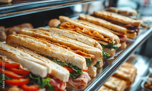 Freshly made sandwiches displayed on glass shelves.
