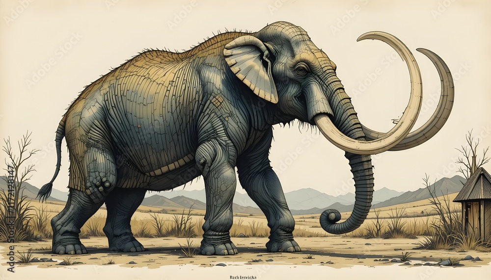 Fototapeta premium Majestic Mammoth Strolls Across Arid Plains With Twin Ivory Tusks And Textured Hide