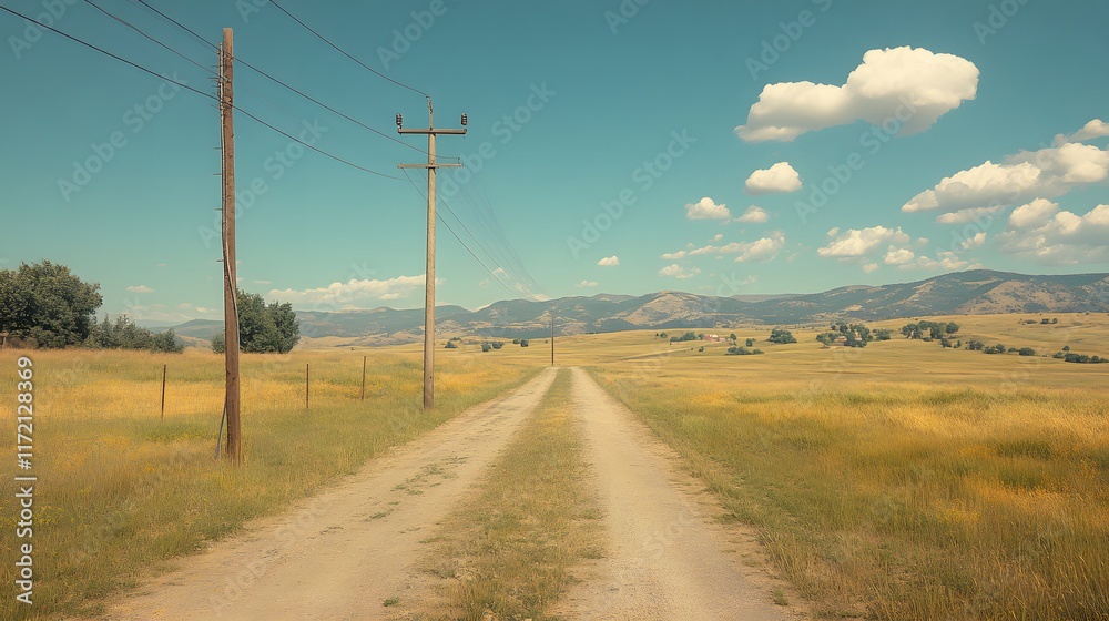 Tranquil Dirt Road Stretching Through Golden Fields Under Clear Blue Sky with Fluffy Clouds and Distant Mountains Enhancing the Serene Landscape Tranquil Dirt Road Stretching Through Golden Fields Under Clear Blue Sky with Fluffy Clouds and Distant Mountains Enhancing the Serene Landscape