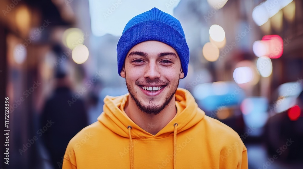 Man wearing blank blue beanie hat mockup on street background