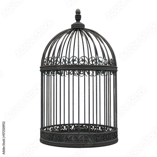 Ancient style metal bird cage with a tall door and wrought iron photo