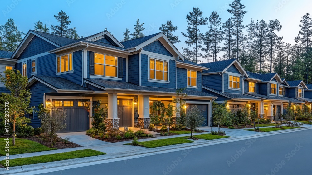 Modern suburban homes featuring blue exteriors and warm yellow lights nestled among tall trees in a tranquil neighborhood at dusk Modern suburban homes featuring blue exteriors and warm yellow lights nestled among tall trees in a tranquil neighborhood at dusk