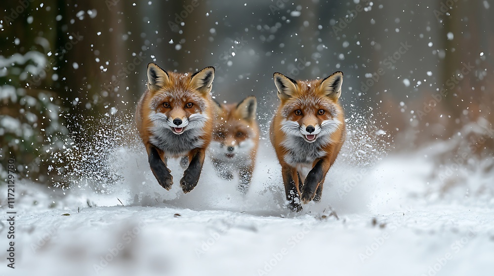 Fototapeta premium Three red foxes running through snowy forest.