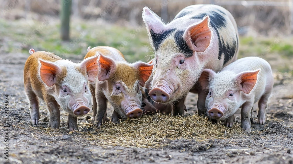 A mother pig and her piglets feeding together in a farmyard. A mother pig and her piglets feeding together in a farmyard.