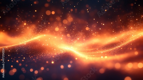 Abstract orange glowing wave with particles.