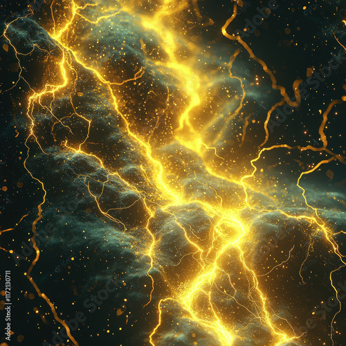 Golden lightning bolts striking dark cosmic clouds, energy background