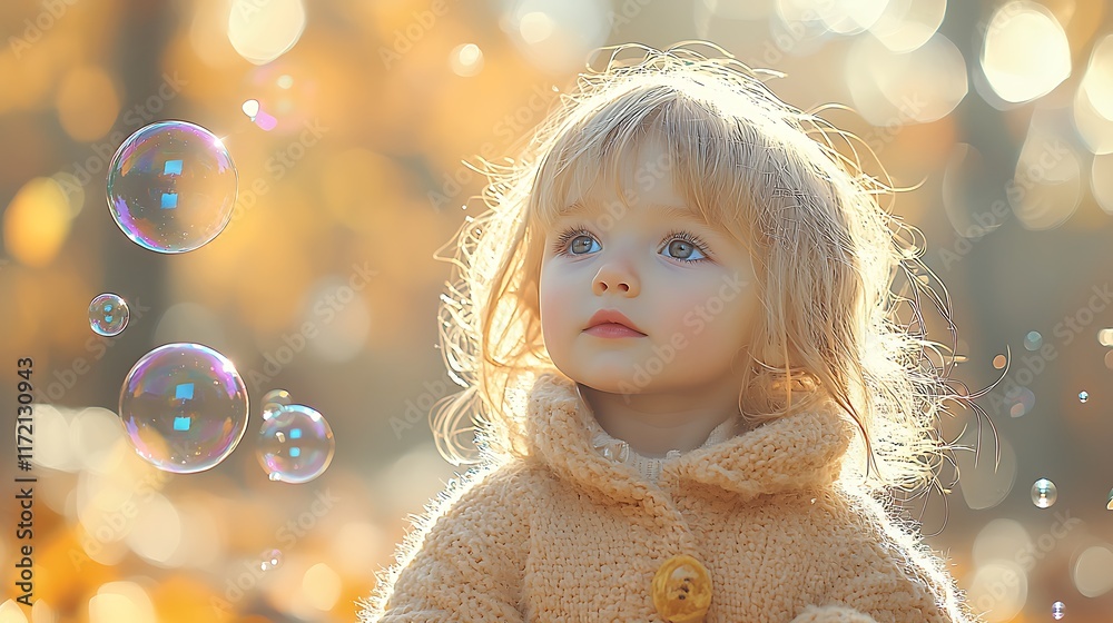 Toddler girl looking up at soap bubbles in autumn park. Toddler girl looking up at soap bubbles in autumn park.