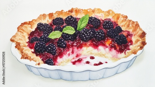 A slice of pie with blackberries and a leaf on top