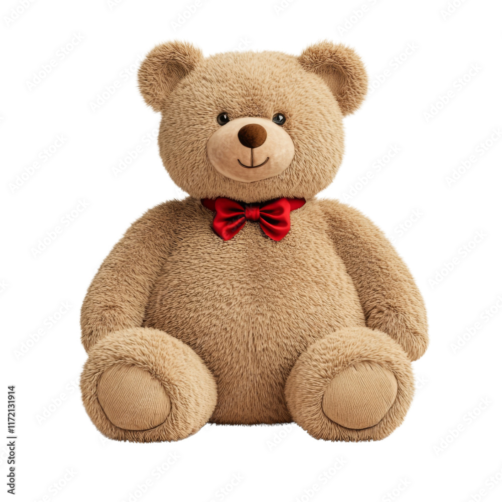 Obraz premium Soft teddy bear with red bow tie, perfect for cuddling and gifting. This plush toy brings warmth and joy to any child or adult. , png, isolated transparent