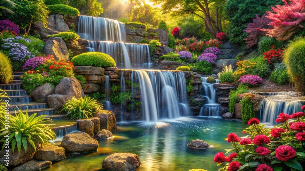 Discover serene AI-generated waterfall landscapes; inspiring garden designs await.