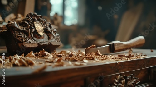 A detailed woodcraft scene showcasing a chisel on a workbench surrounded by shavings, highlighting craftsmanship and artistry in woodworking. photo