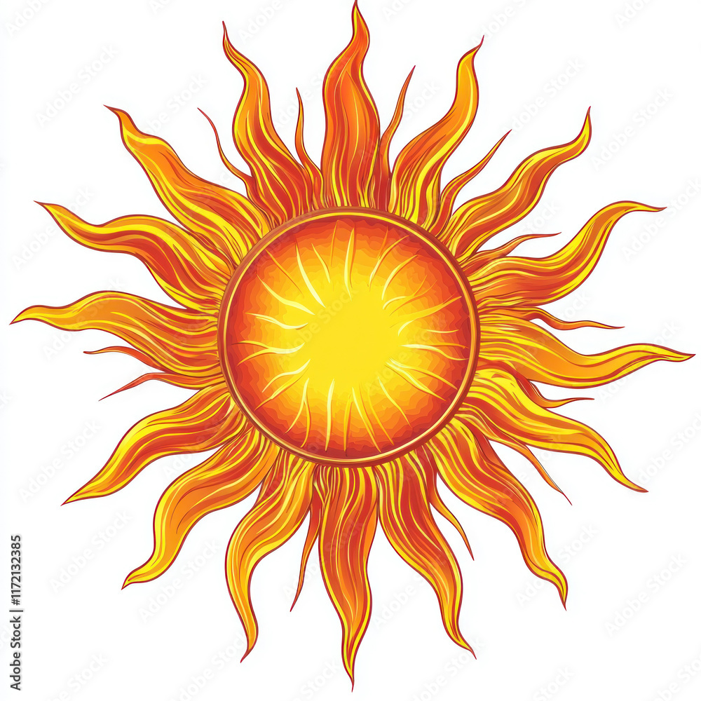 Blazing sun with fiery rays on white background, ideal for summer designs Blazing sun with fiery rays on white background, ideal for summer designs
