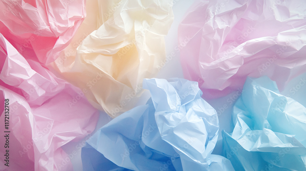 An artistic arrangement of crumpled plastic in soft pastel colors, creating a dreamy and whimsical effect, perfect for product packaging backgrounds. An artistic arrangement of crumpled plastic in soft pastel colors, creating a dreamy and whimsical effect, perfect for product packaging backgrounds.