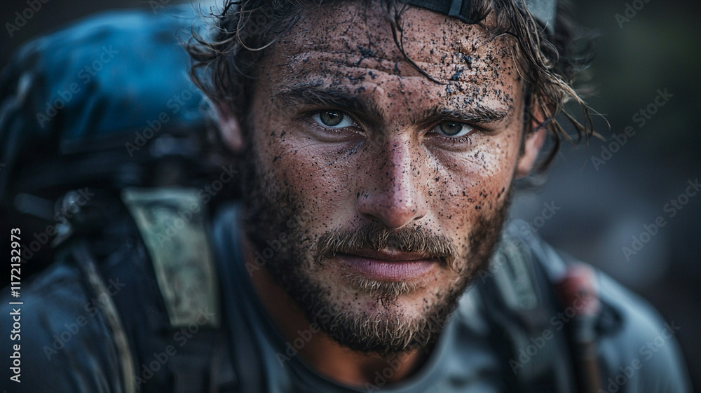 Obraz premium Close up of hiker face, showing dirt and determination