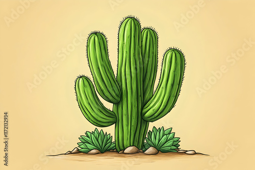 Illustration of a saguaro cactus with smaller succulents at its base, set against a sandy beige background.
