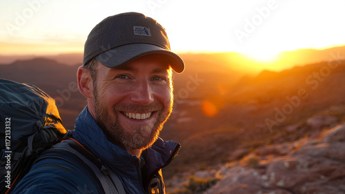 smiling hiker enjoys sunrise in scenic landscape