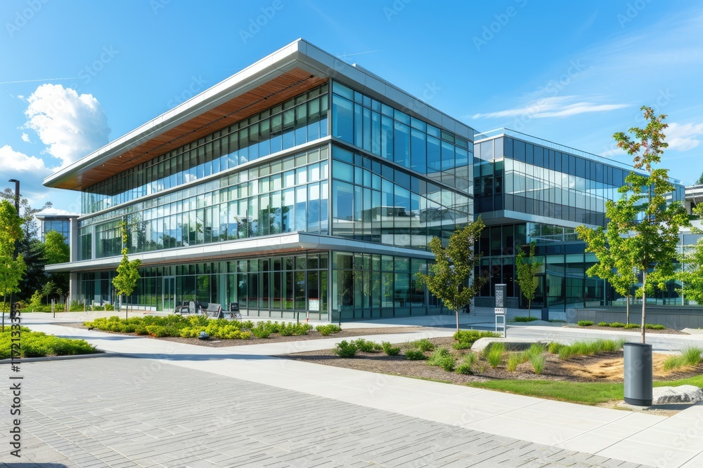 Modern glass building with landscaped surroundings and clear blue sky. Modern glass building with landscaped surroundings and clear blue sky.
