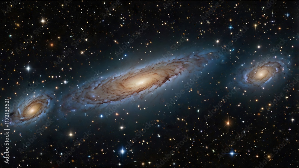 Fototapeta premium shot of a distant galaxy cluster, showcasing various shapes and sizes of galaxies set against a dark cosmic backdrop 