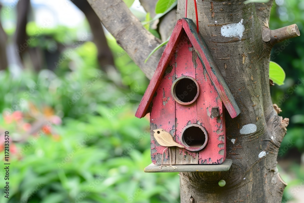 A cute little birdhouse hanging from a tree A cute little birdhouse hanging from a tree