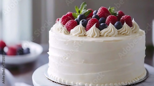 Delicious berry cake, kitchen setting, background blur, food blog. photo