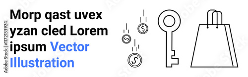 Key, falling coins, and shopping bag next to placeholder text. Ideal for concepts such as financial security, commerce, investment, savings, online shopping retail and marketing. Landing page