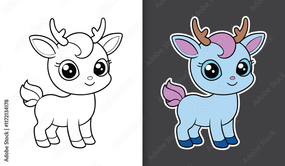 Obraz premium Cute cartoon deer unicorn character coloring page with sticker