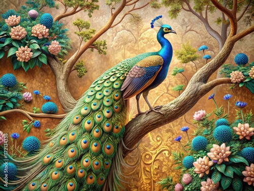 Elegant embossed 3D peacock tree, panoramic AI art wallpaper.  Luxury background, generative design. photo