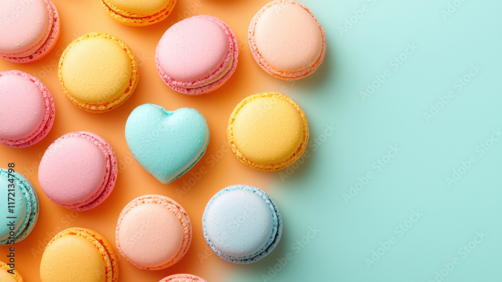 Colorful macarons arranged with heart shaped treat on vibrant background Colorful macarons arranged with heart shaped treat on vibrant background