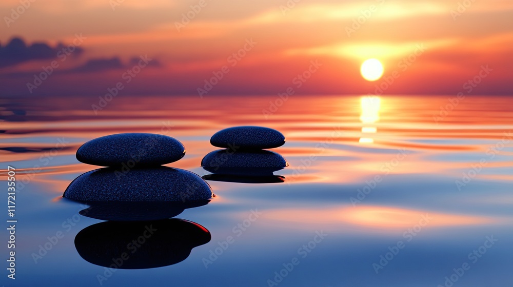Tranquil sunset over water with smooth stones, evoking peace and relaxation. Tranquil sunset over water with smooth stones, evoking peace and relaxation.