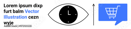 Eye with clock symbol inside, shopping cart in blue speech bubble, and arrow pointing up. Ideal for e-commerce, shopping, efficiency, time management, customer engagement, online retail, digital