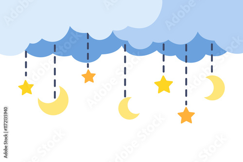 Hanging moon and star blue cloud border frame. Magical, bedtime, natural concepts. Flat decorative vector design isolated illustration.