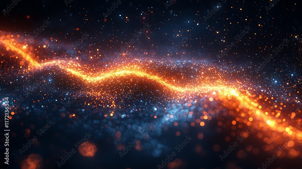 Obraz premium Abstract fiery orange and blue glowing particles wave on dark background.