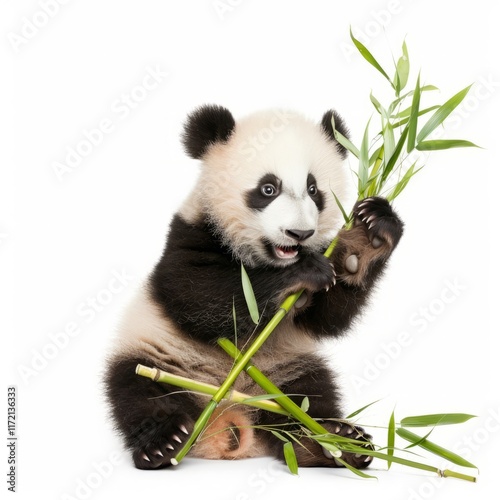 A cute baby panda playing with bamboo photo