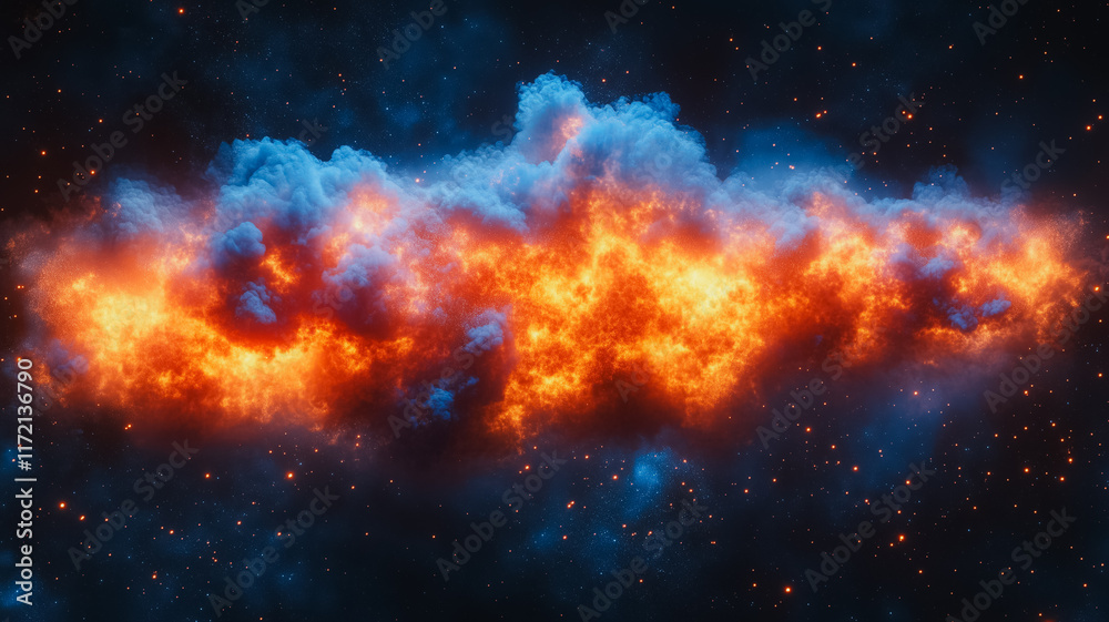 Fototapeta premium Cosmic Inferno: A celestial conflagration ignites the cosmos, a swirling dance of fire and smoke against a backdrop of twinkling stars. This abstract image evokes both awe and anxiety.